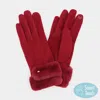 Fashnzfab Double Faux Fur Cuff Fleece Smart Touch Gloves In Red