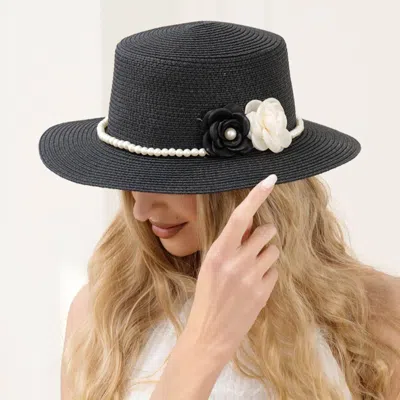 Fashnzfab Double Flower Accent Pearl Band Straw Sun Hat In Black