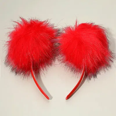 Fashnzfab Double Fluffy Pom Pom Headband In Red