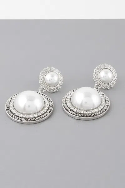 Fashnzfab Double Framed Pearl Drop Earrings In Silver