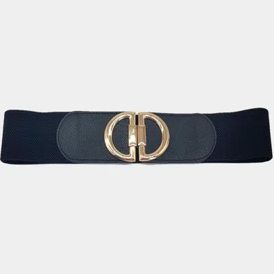 Fashnzfab Double Half Open Circle Buckle Stretch Elastic Belt In Black