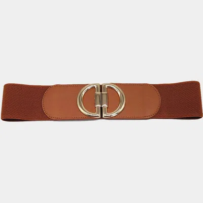 Fashnzfab Double Half Open Circle Buckle Stretch Elastic Belt In Brown