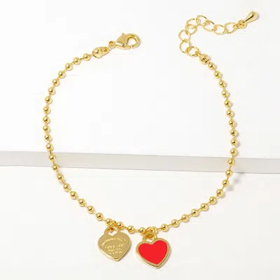 Fashnzfab Double Heart Charm Bubble Chain Bracelet Gold, Red In Multi