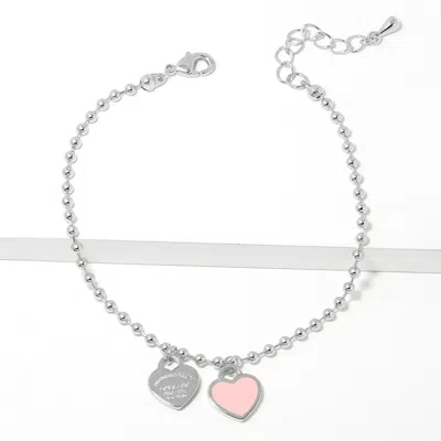 Fashnzfab Double Heart Charm Bubble Chain Bracelet Pink, Rhodium In Multi