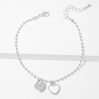 Fashnzfab Double Heart Charm Bubble Chain Bracelet Rhodium, White In Multi