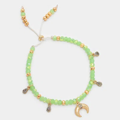 Fashnzfab Double Horn Charm Beaded Adjustable Cinch Pull Tie Bracelet Antique Gold, Mint In Green