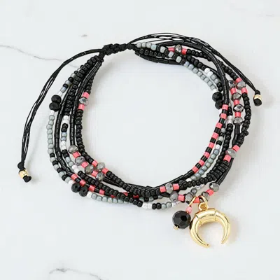 Fashnzfab Double Horn Charm Multi-strand Boho Beaded Adjustable Cinch Pull Tie Bracelet In Black