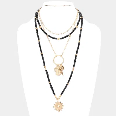 Fashnzfab Double Horn Evil Eye Centered Pendant Wood Beaded Multi Layered Necklace In Black