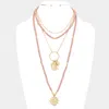 Fashnzfab Double Horn Evil Eye Centered Pendant Wood Beaded Multi Layered Necklace In Pink