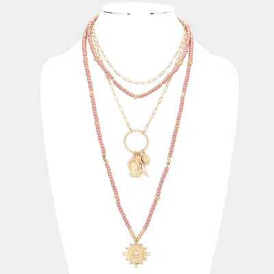 Fashnzfab Double Horn Evil Eye Centered Pendant Wood Beaded Multi Layered Necklace In Pink