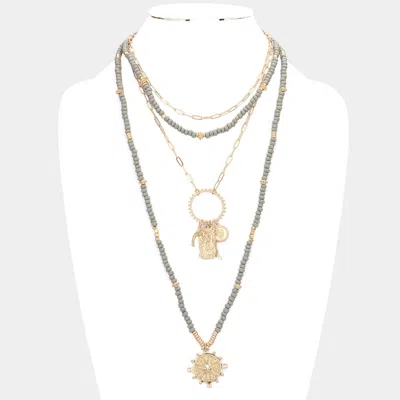 Fashnzfab Double Horn Evil Eye Centered Pendant Wood Beaded Multi Layered Necklace In Silver