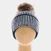 Fashnzfab Double Layer Bedazzled Cuffed Pom Pom Beanie Hat In Black