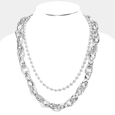 Fashnzfab Double Layered Metal Ball Open Oval Link Bib Necklace In Silver