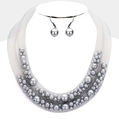 Fashnzfab Double Mesh Tube Pearl Collar Necklace In Gray