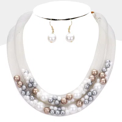 Fashnzfab Double Mesh Tube Pearl Collar Necklace In Silver