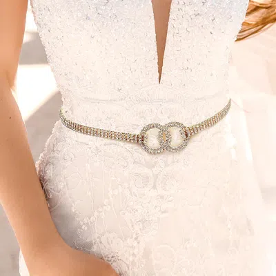 Fashnzfab Double Open Circle Accented Rhinestone Pave Belt In Gold