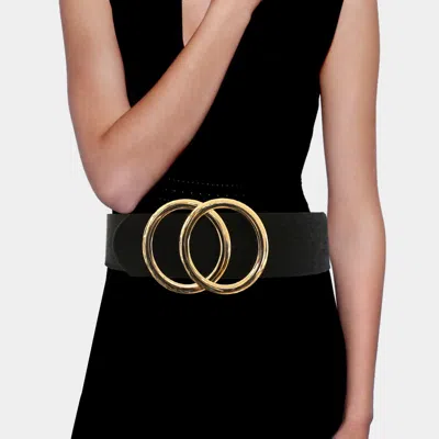 Fashnzfab Double Open Metal Circle Buckle Accented Faux Leather Belt In Black