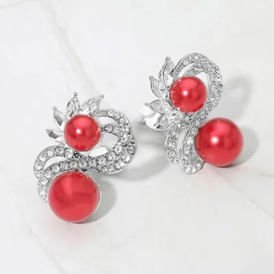 Fashnzfab Double Pearl Accent Rhinestone Pave Swirl Clip On Earrings In Red