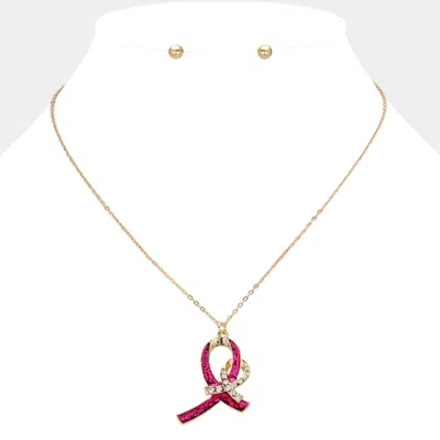 Fashnzfab Double Pink Ribbon Pendant Necklace