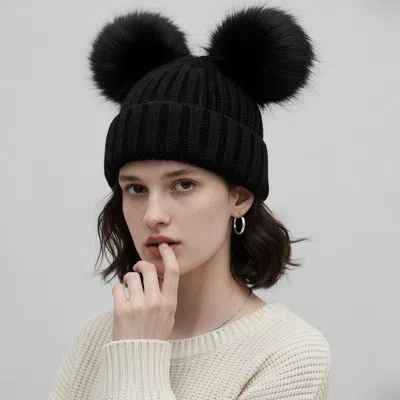 Fashnzfab Double Pom Pom Knit Beanie Hat In Black
