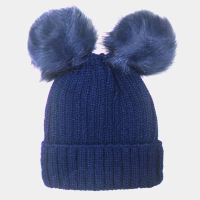 Fashnzfab Double Pom Pom Knit Beanie Hat In Blue