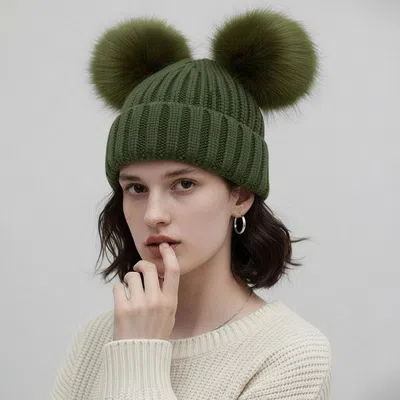 Fashnzfab Double Pom Pom Knit Beanie Hat In Green