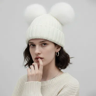 Fashnzfab Double Pom Pom Knit Beanie Hat In White