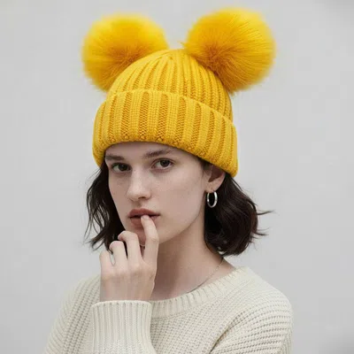 Fashnzfab Double Pom Pom Knit Beanie Hat In Yellow