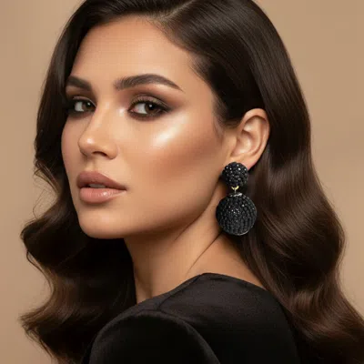 Fashnzfab Double Rhinestone Ball Dangle Evening Earrings In Black