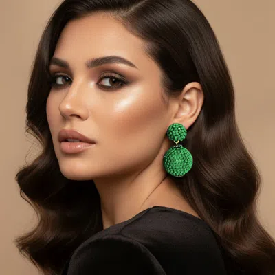 Fashnzfab Double Rhinestone Ball Dangle Evening Earrings In Green