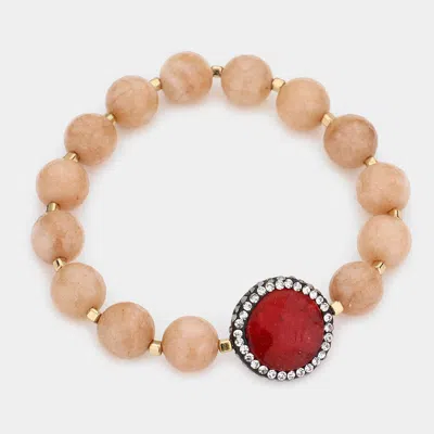 Fashnzfab Double Sided Crystal Trim Natural Stone Beaded Strand Stretch Bracelet In Brown
