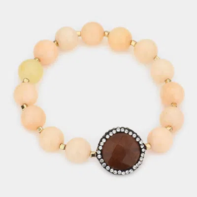 Fashnzfab Double Sided Crystal Trim Natural Stone Beaded Strand Stretch Bracelet Brown, Gold In Multi