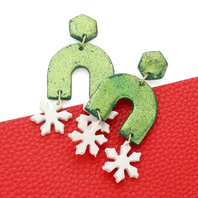 Fashnzfab Double Snowflake Accented Glittered Polymer Clay Dangle Earrings In Green