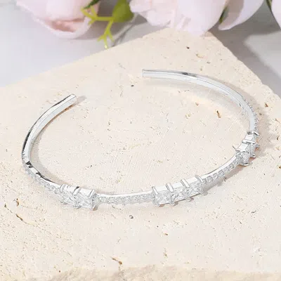 Fashnzfab Double Square Cz Stone Cluster Station Pointed Evening Cuff Bracelet Clear, Rhodium In Multi