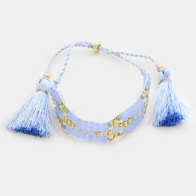 Fashnzfab Double Tassel Beaded Adjustable Cinch Pull Tie Bracelet Blue, Gold In Multi