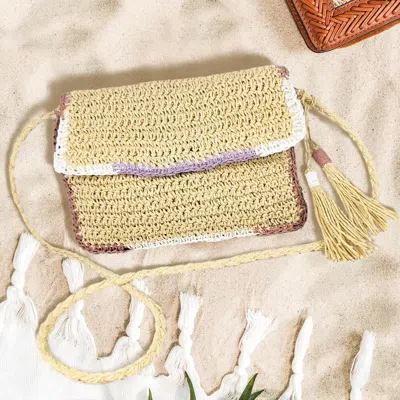 Fashnzfab Double Tassel Pointed Color Block Straw Crossbody Bag In Beige
