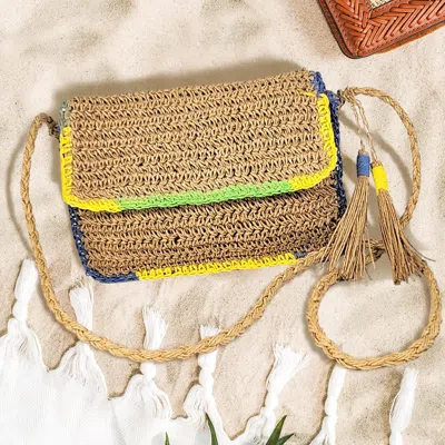 Fashnzfab Double Tassel Pointed Color Block Straw Crossbody Bag In Green