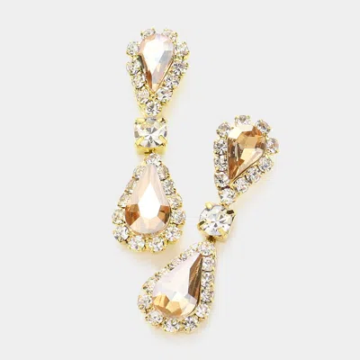Fashnzfab Double Teardrop Accented Rhinestone Trimmed Dangle Evening Earrings - Gold, Lt Col Topaz