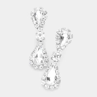 Fashnzfab Double Teardrop Accented Rhinestone Trimmed Dangle Evening Earrings In Silver