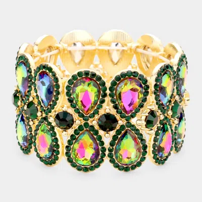 Fashnzfab Double Teardrop Glass Crystal Stretch Evening Bracelet In Green