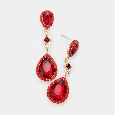 Fashnzfab Double Teardrop Stone Accented Dangle Evening Earrings In Red