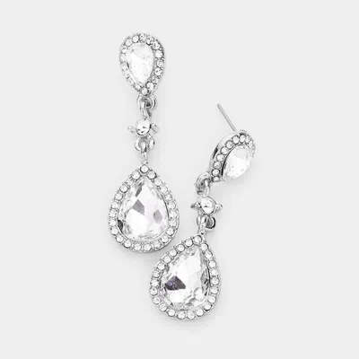 Fashnzfab Double Teardrop Stone Accented Dangle Evening Earrings In Silver