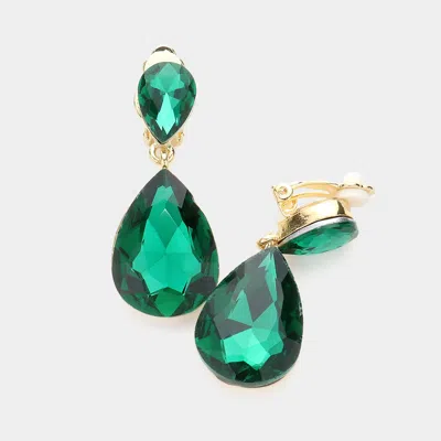 Fashnzfab Double Teardrop Stone Link Clip On Evening Earrings In Green