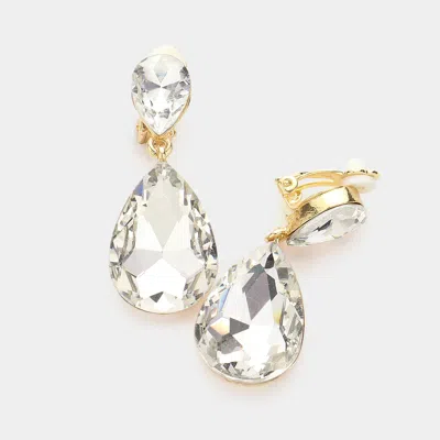 Fashnzfab Double Teardrop Stone Link Clip On Evening Earrings In Silver