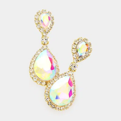 Fashnzfab Double Teardrop Stone Link Dangle Evening Earrings - Ab, Gold