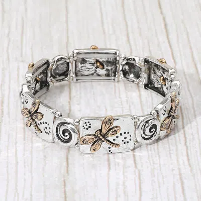 Fashnzfab Dragonfly Swirl Antique Metal Stretch Bracelet In Metallic