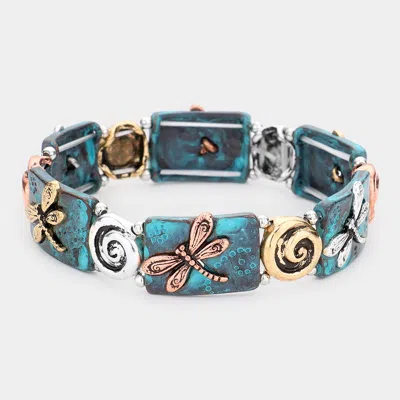 Fashnzfab Dragonfly Swirl Antique Metal Stretch Bracelet In Multi