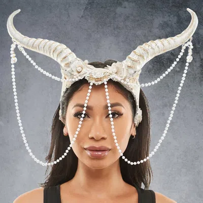Fashnzfab Draped Bead Flower Horns Headband In White