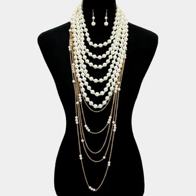 Fashnzfab Draped Multi-layer Pearl Strand Bib Necklace In Metallic