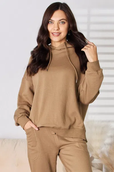 Fashnzfab Drawstring Drop Shoulder Long Sleeve Hoodie In Brown